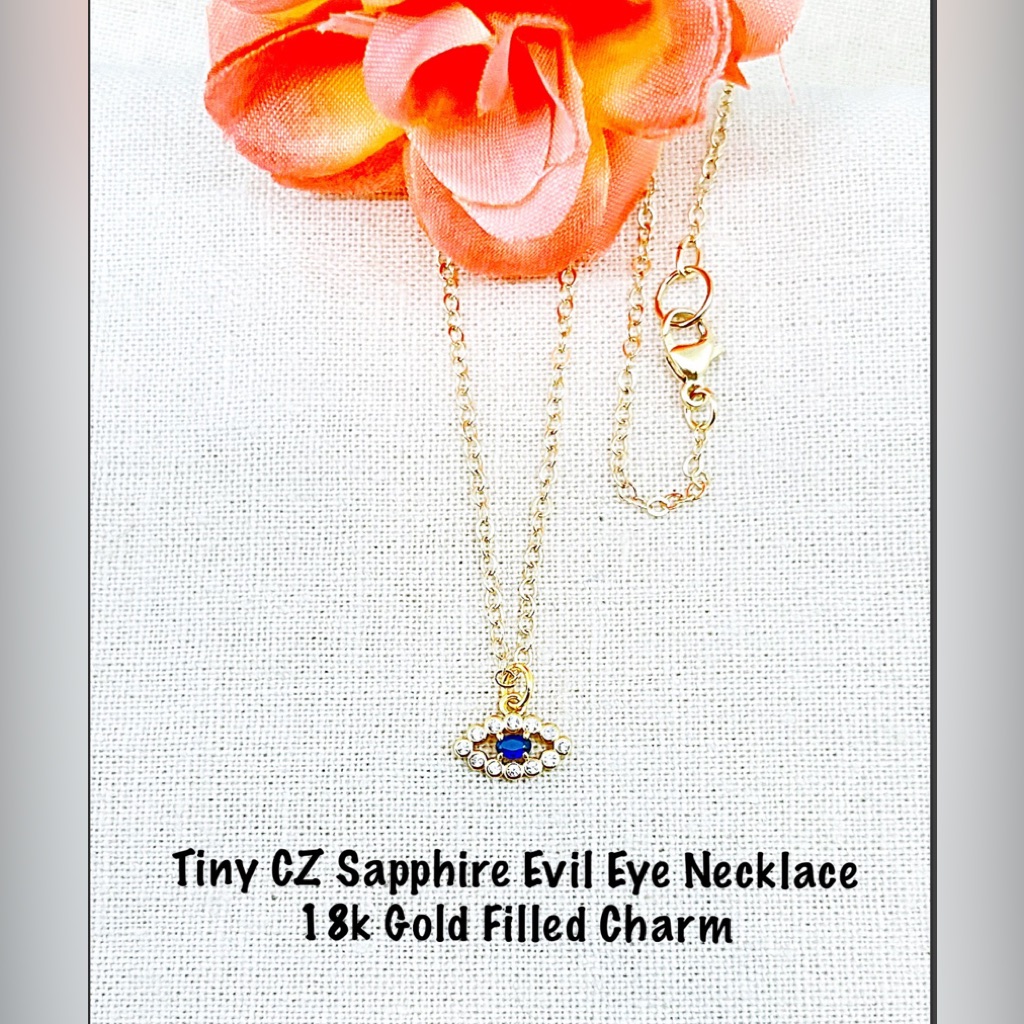 Tiny Evil Eye Necklace In Sapphire & Clear Cz’s, In 18k Gold Fill, Nwt, Box Incl